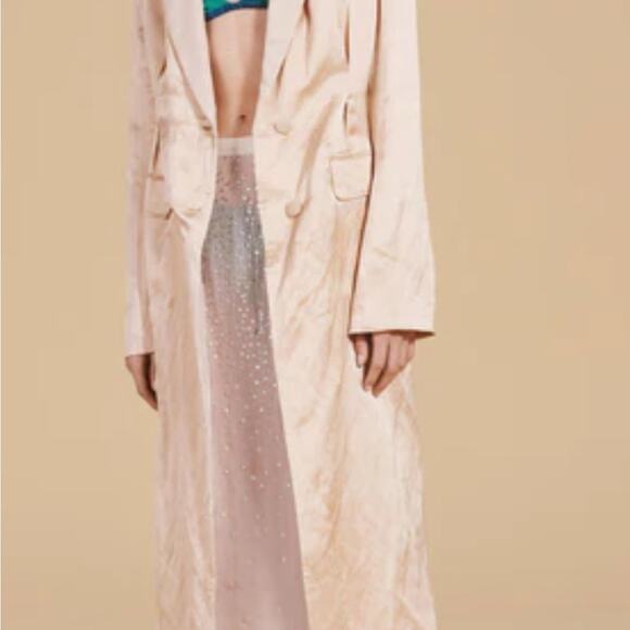 Zara Long Cream Coat Linen Blend Coat with Topstitching, - Picture 4 of 8